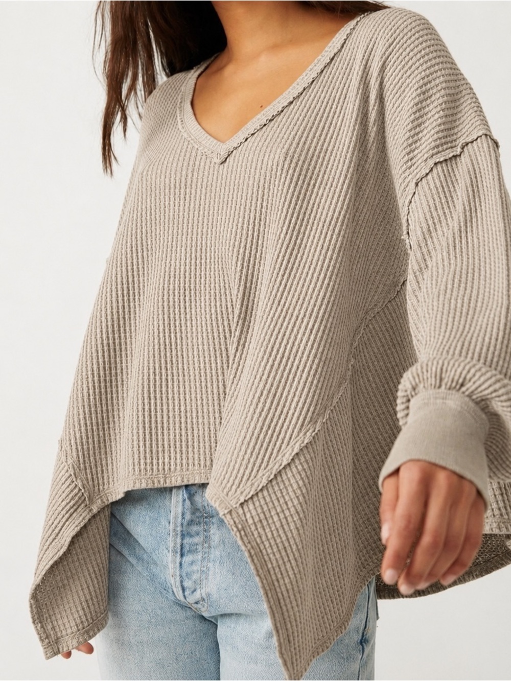 We The Free Free People Waffle Knit Thermal V-Neck Shirt Taupe Oatmeal Small